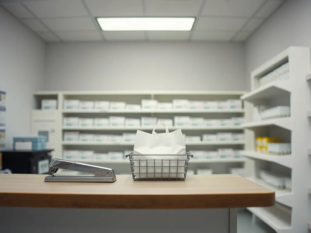 The pickup counter: a worn laminate ledge with a stapler and a wire basket of white paper bags, shelved stock softly out of focus behind.