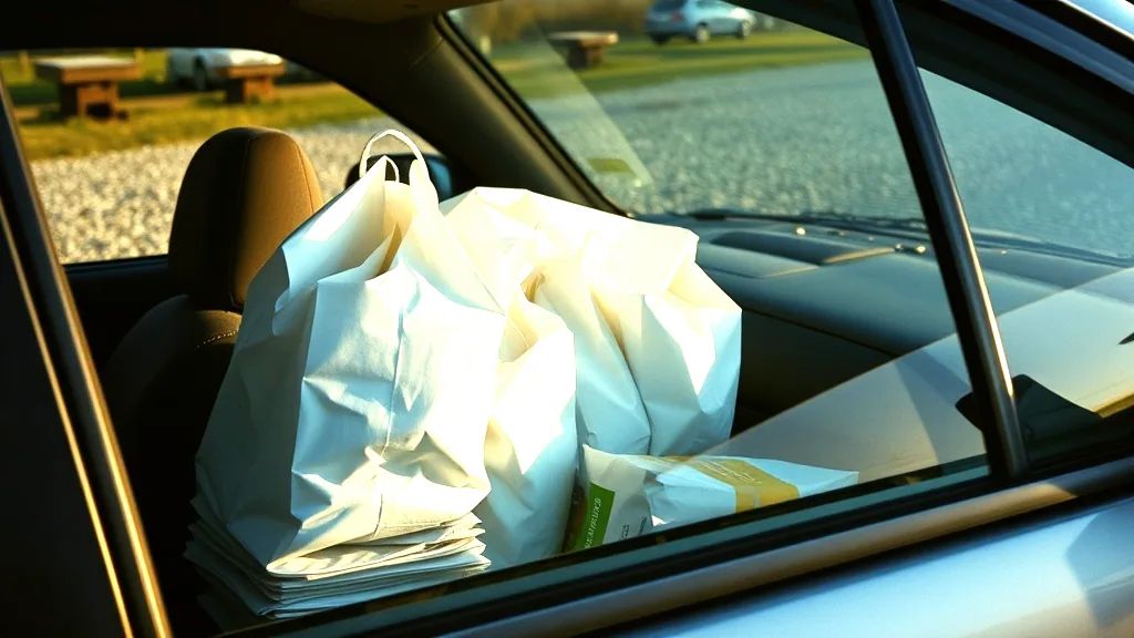 A stack of white paper pharmacy bags on the passenger seat of a parked car, gravel lot beyond the window, late afternoon light.