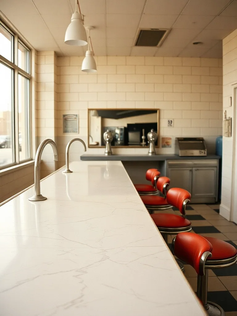 The soda fountain: a chipped white marble counter running to the back of the room, a row of red vinyl and chrome stools beside it, a mirrored back bar, daylight from the front window.