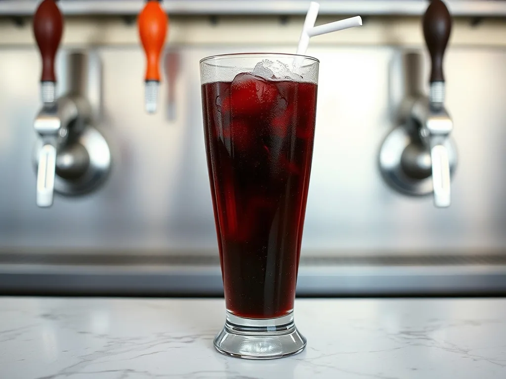 A tall fluted glass of dark cherry phosphate with a paper straw on a marble counter, chrome fountain taps out of focus behind it.
